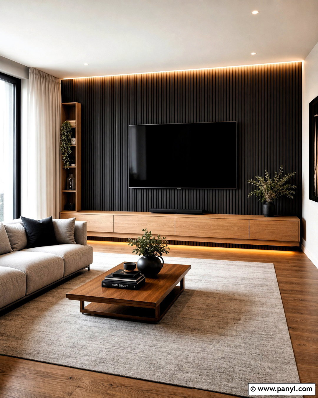 Black Wood Slat TV Wall - 20 wood behind tv on wall ideas
