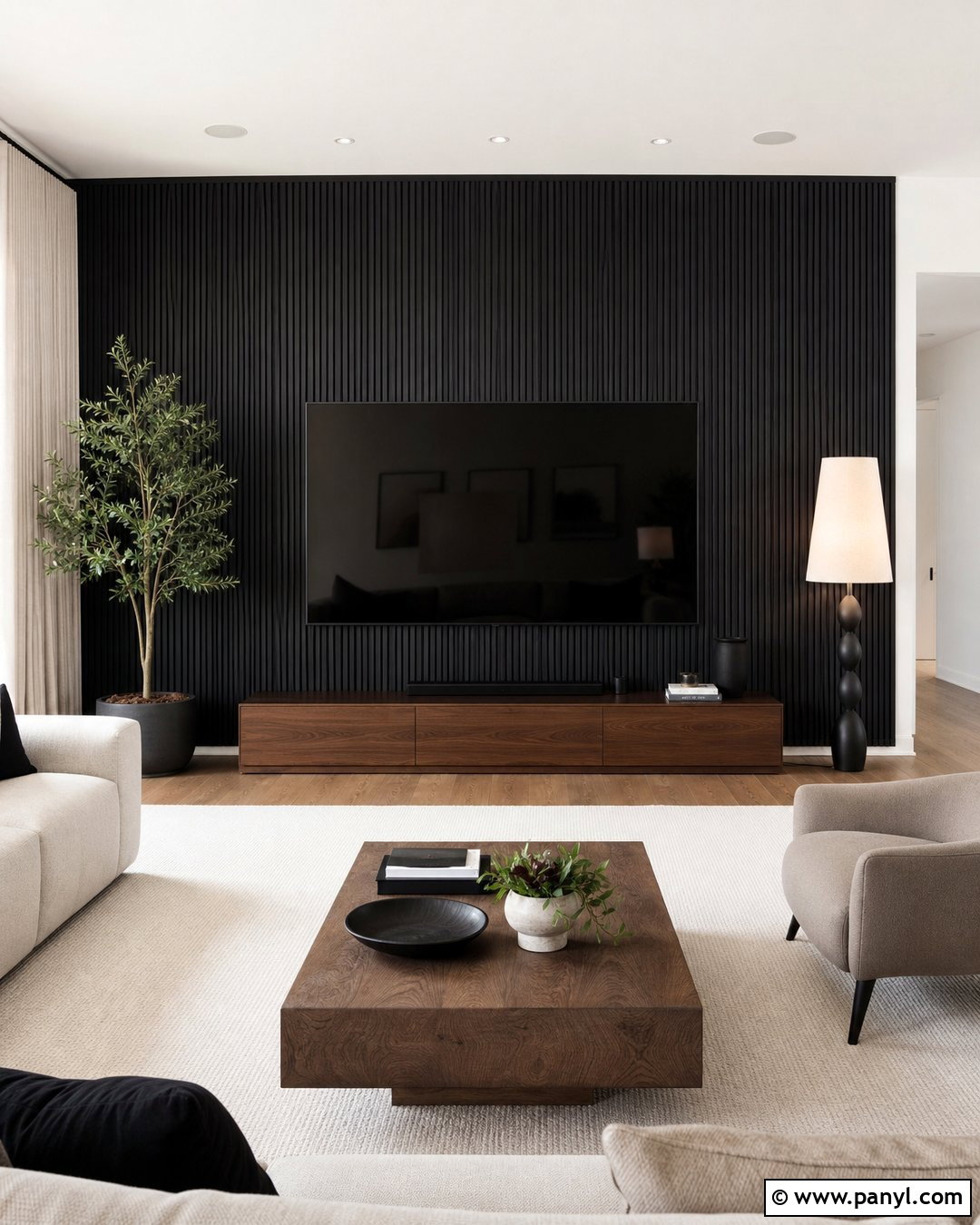 Black Wood Slat TV Wall - 35 Black Wall Behind Tv Ideas
