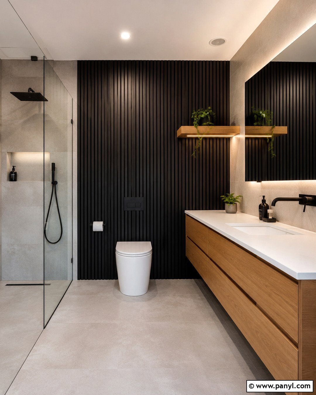 Black Wood Slat Wall Behind Toilet - 20 Black Accent Wall Behind Toilet Ideas
