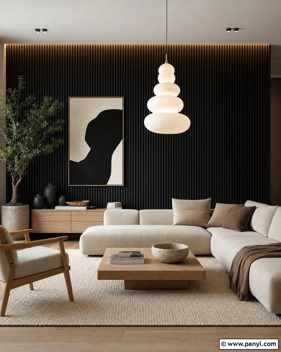 Black Wood Slat Wall With Modern Furniture - 30 Black Wall Interior Ideas