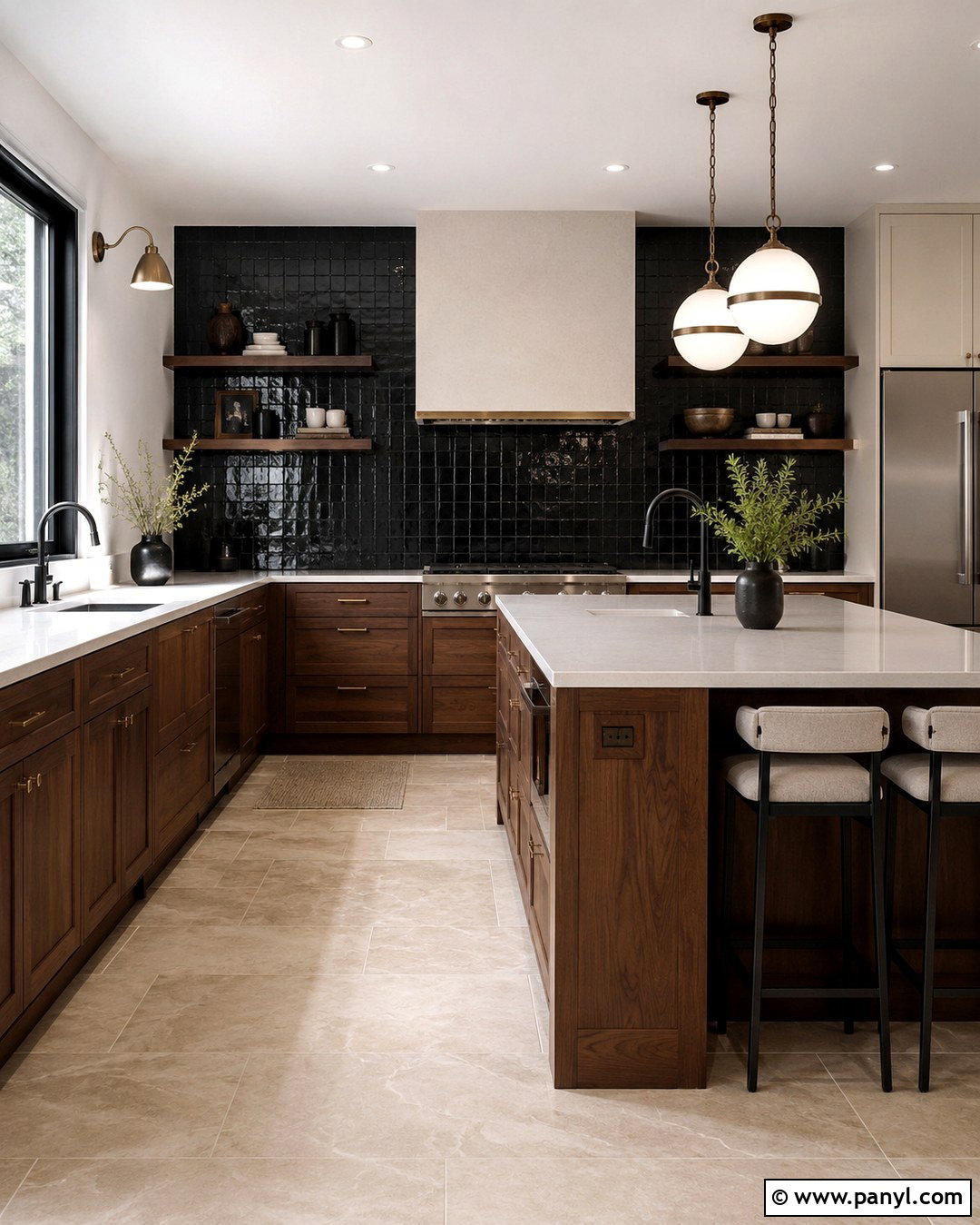 Black Zellige Kitchen Wall With Walnut Cabinets - 20 dark wall in kitchen ideas