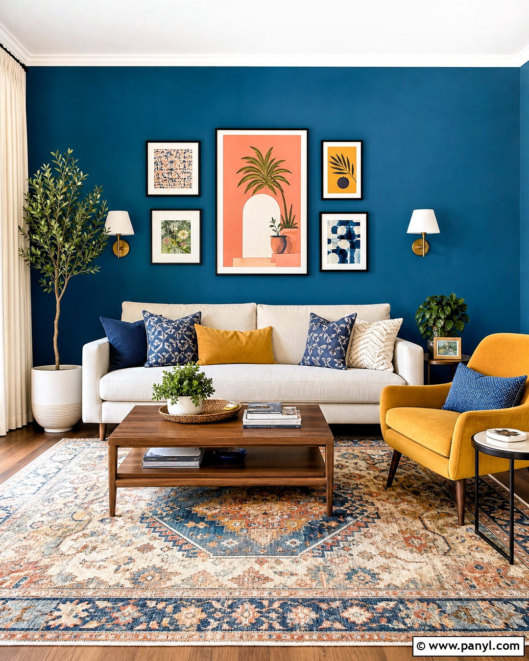 Blue Accent Wall With Colorful Artwork - 20 blue accent wall living room ideas