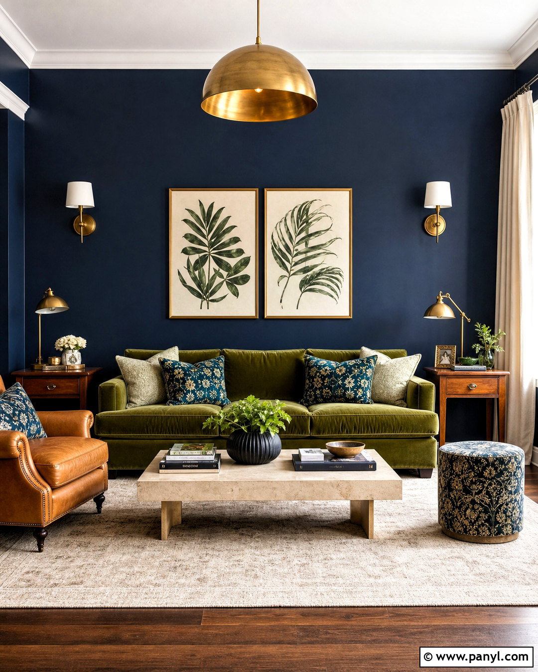 Blue Accent Wall With Green Velvet Sofa - 20 blue accent wall living room ideas