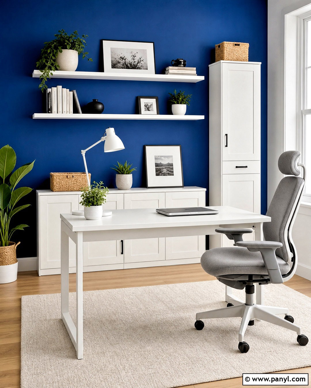 Blue Accent Wall With White Desk - 20 blue accent wall office ideas