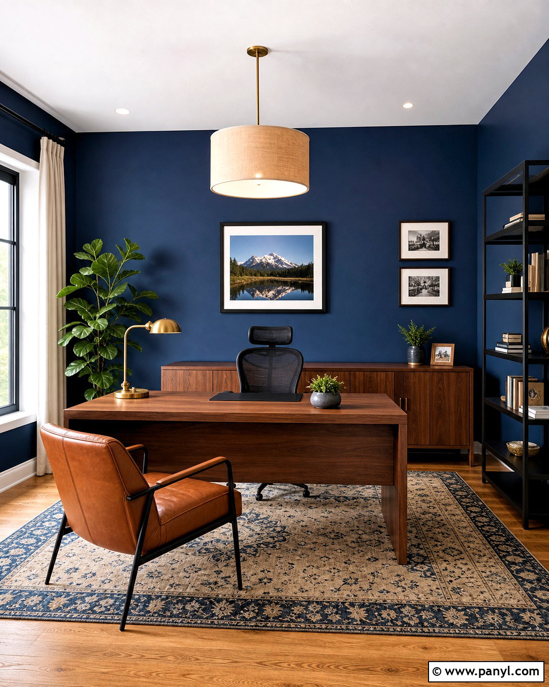 Blue Accent Wall With Wood Desk - 20 blue accent wall office ideas