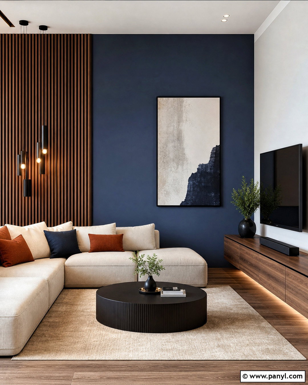 Blue Accent Wall With Wood Slats - 20 blue accent wall living room ideas