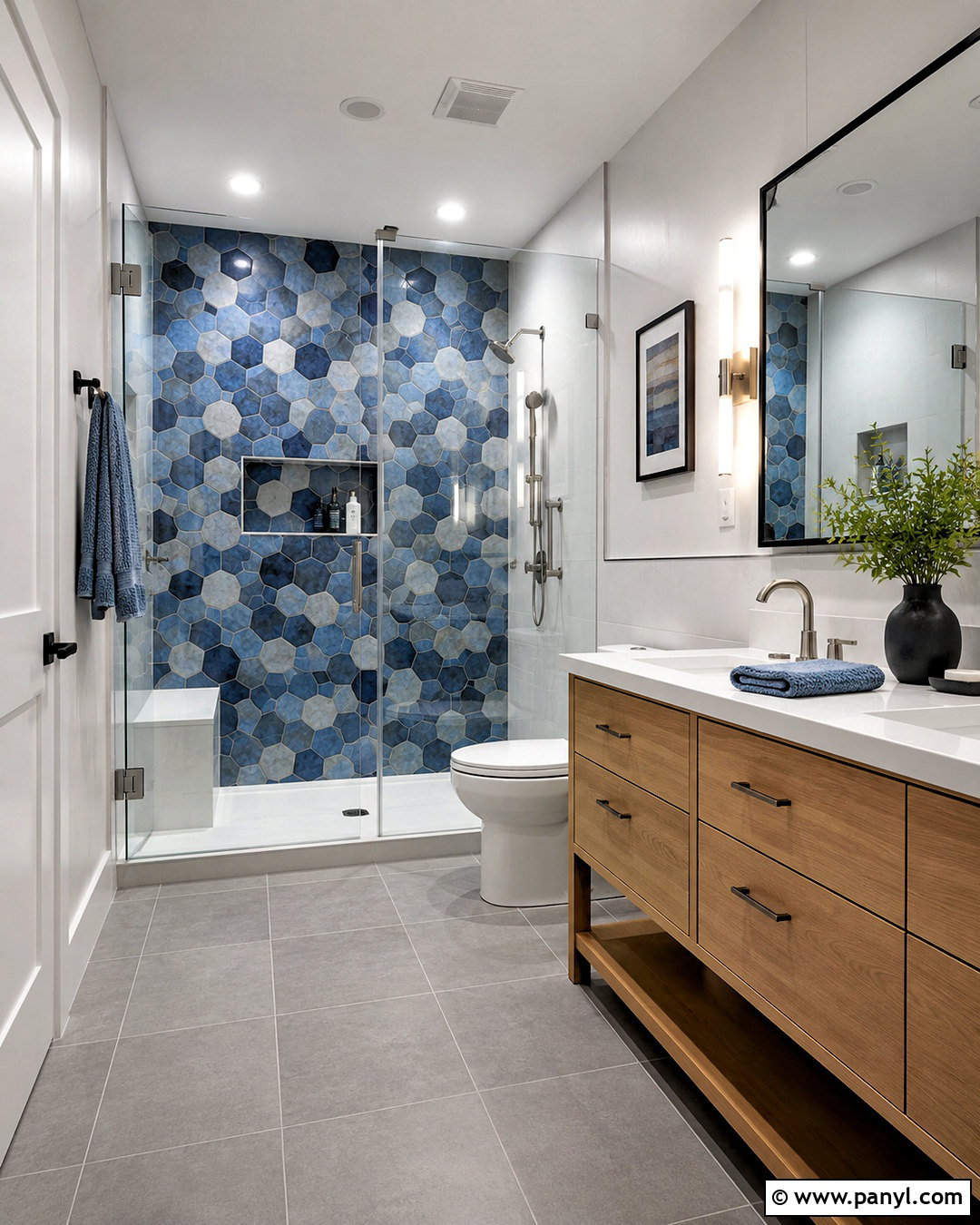 Blue And Gray Mosaic Shower Wall - 20 blue and grey bathroom ideas