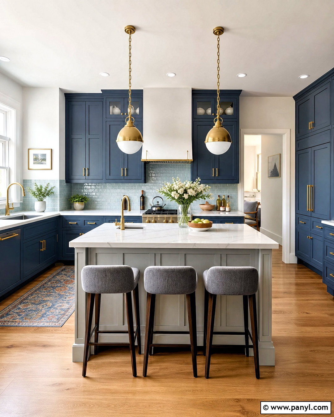 Blue And Grey Kitchen With Brass Hardware - 20 grey and blue kitchen ideas