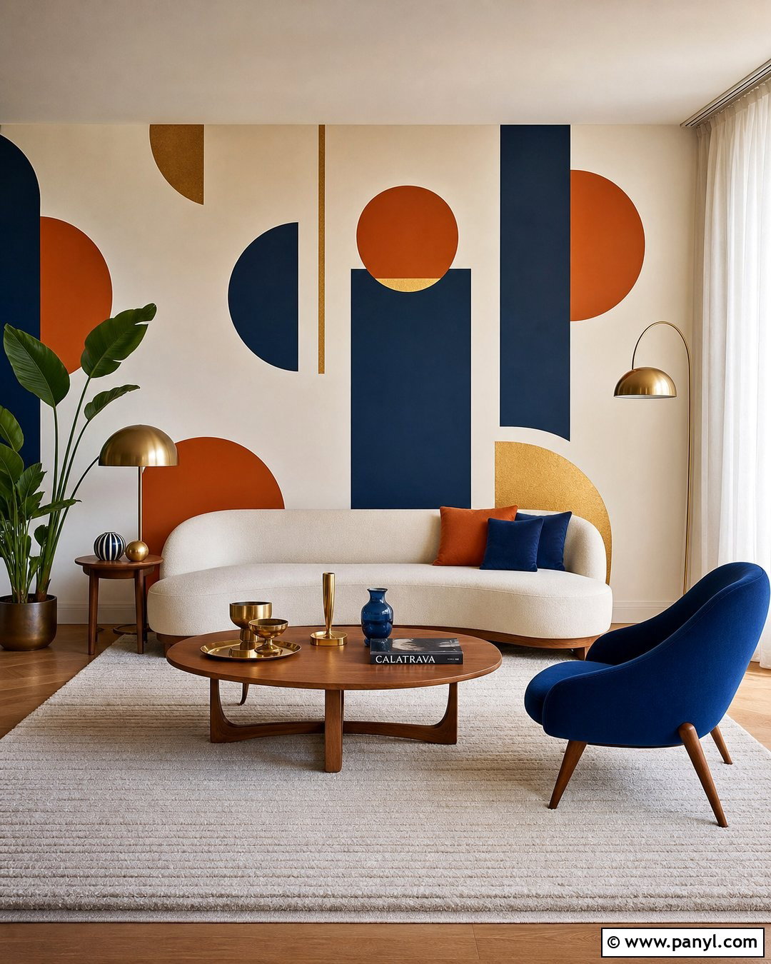 Blue And Orange Geometric Living Room Wall - 30 retro wall paint ideas