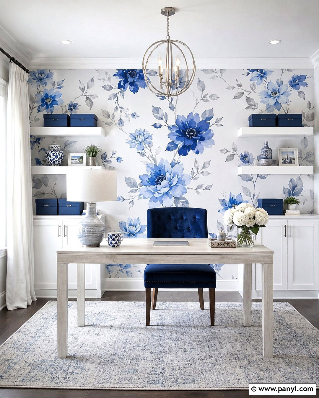 Blue And White Floral Accent Wall - 20 Floral Accent Wall Office Ideas