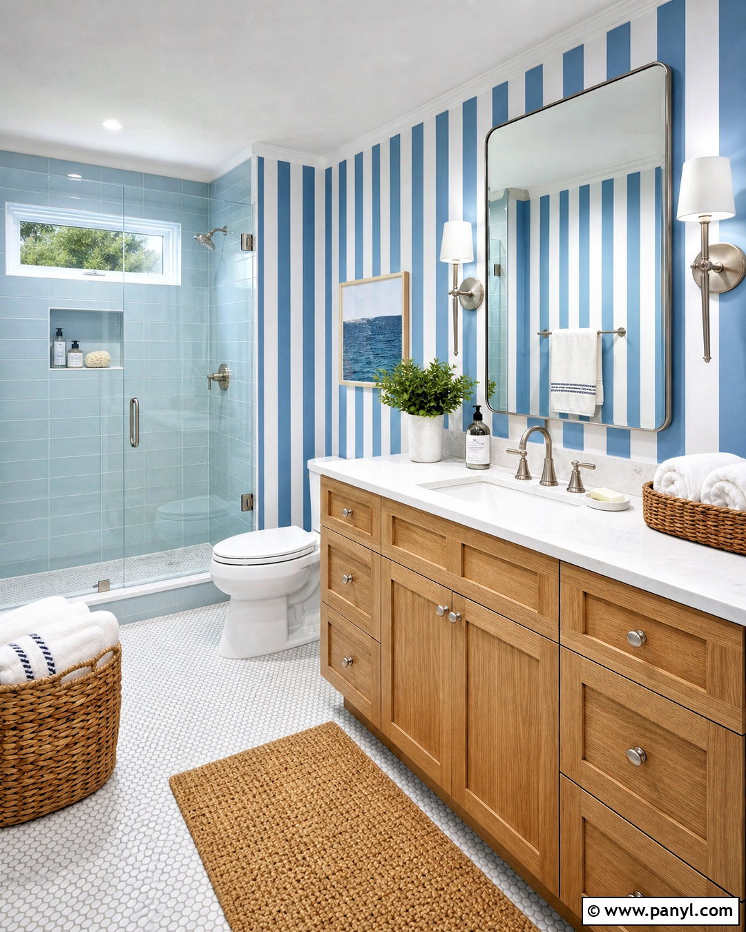 Blue And White Vertical Bathroom Stripes - 20 striped bathroom walls