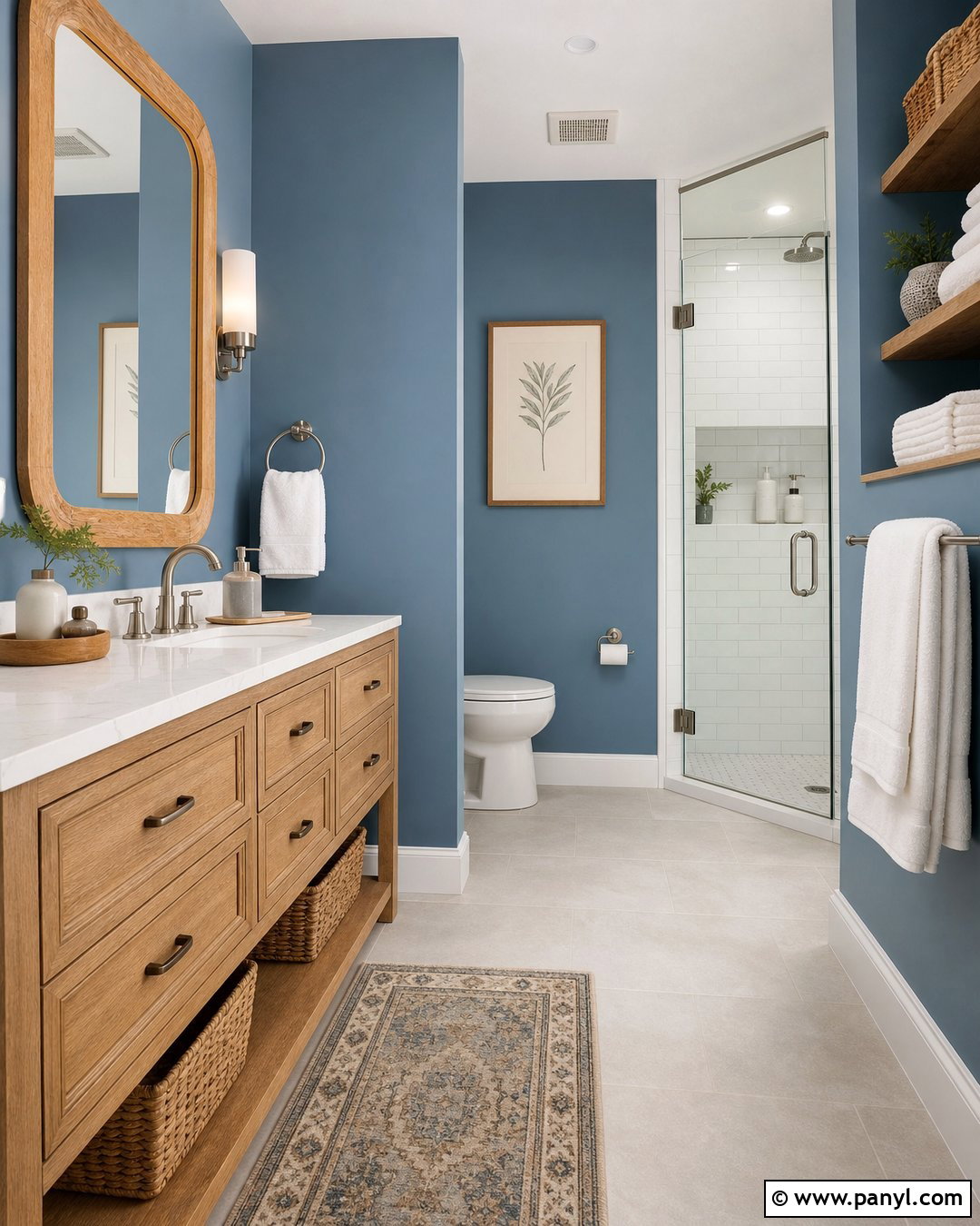 Blue Bathroom Walls With Wood Vanity - 35 Blue Bathroom Walls