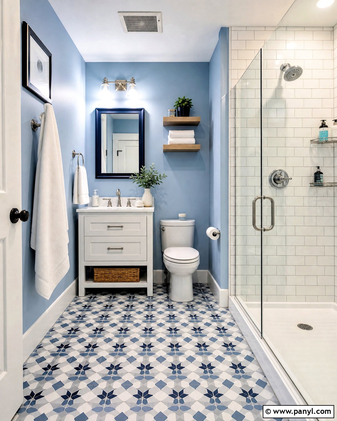 Blue Bathroom With Patterned Floor - 20 small blue bathroom ideas