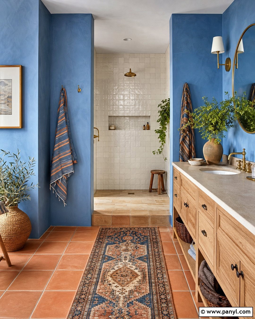 Blue Bathroom With Terracotta Flooring - 20 Cozy Bathroom With Blue Walls