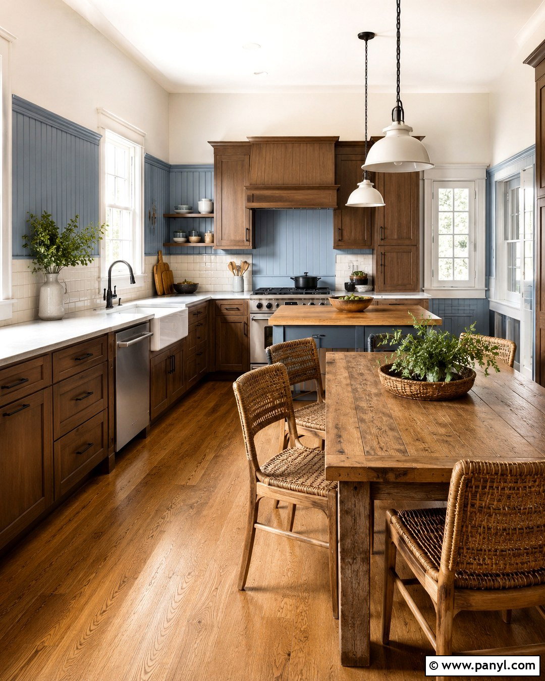 Blue Beadboard Walls With Farmhouse Brown Cabinets - 20 Blue Kitchen Walls With Brown Cabinets