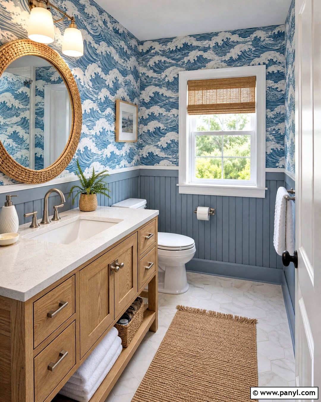 Blue Beadboard With Coastal Wallpaper - 20 half wallpaper half paneling ideas