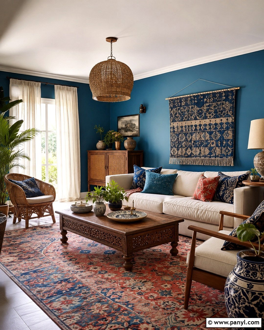 Blue Boho Lounge Room - 20 Blue Wall Lounge Room Ideas