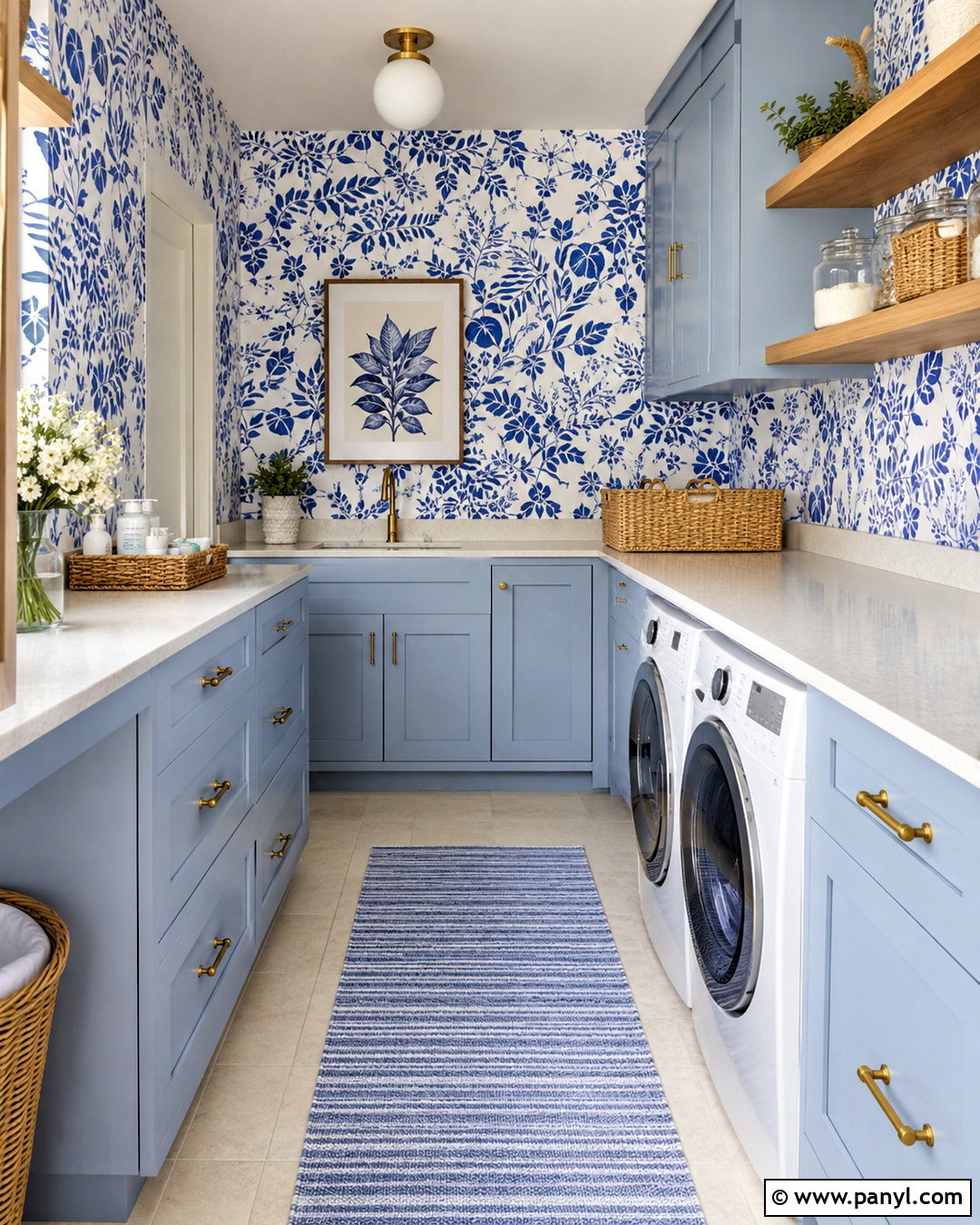 Blue Botanical Wallpaper Laundry Room - 20 preppy wallpaper ideas
