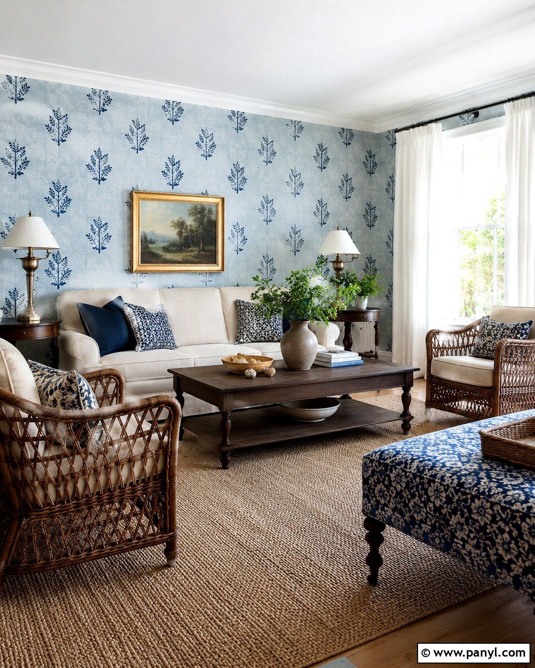 Blue Botanical Wallpaper Lounge Room - 20 Blue Wall Lounge Room Ideas
