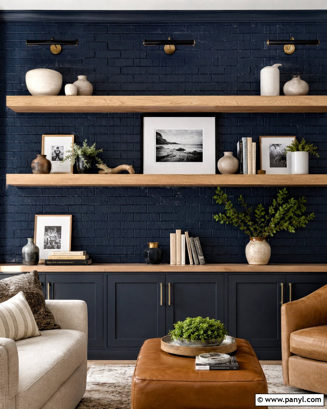 Blue Brick Wall With Wood Shelves - 20 blue brick wall ideas