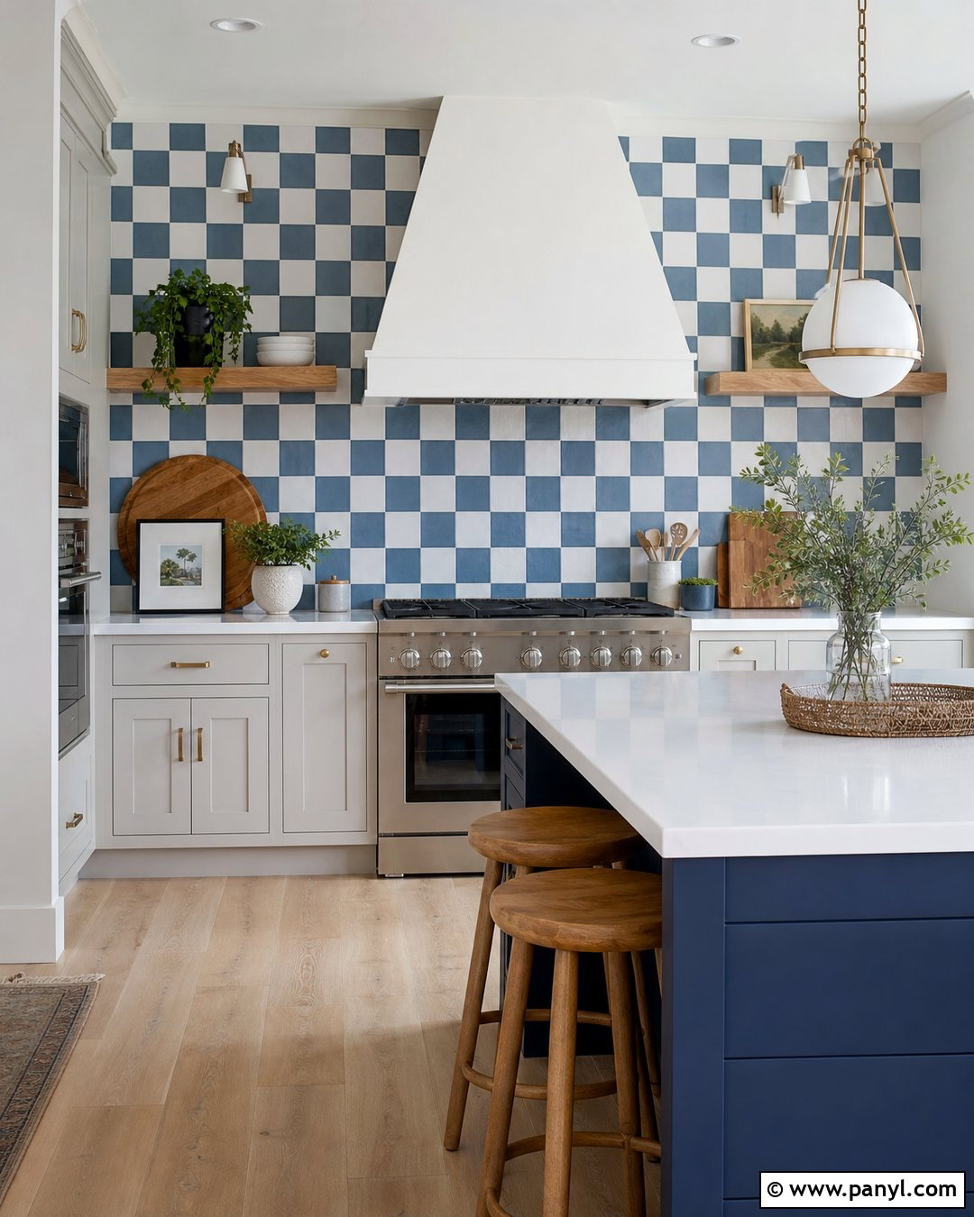 Blue Checkerboard Tile Kitchen Accent Wall - 20 Modern Kitchen With Colorful Accent Wall Ideas