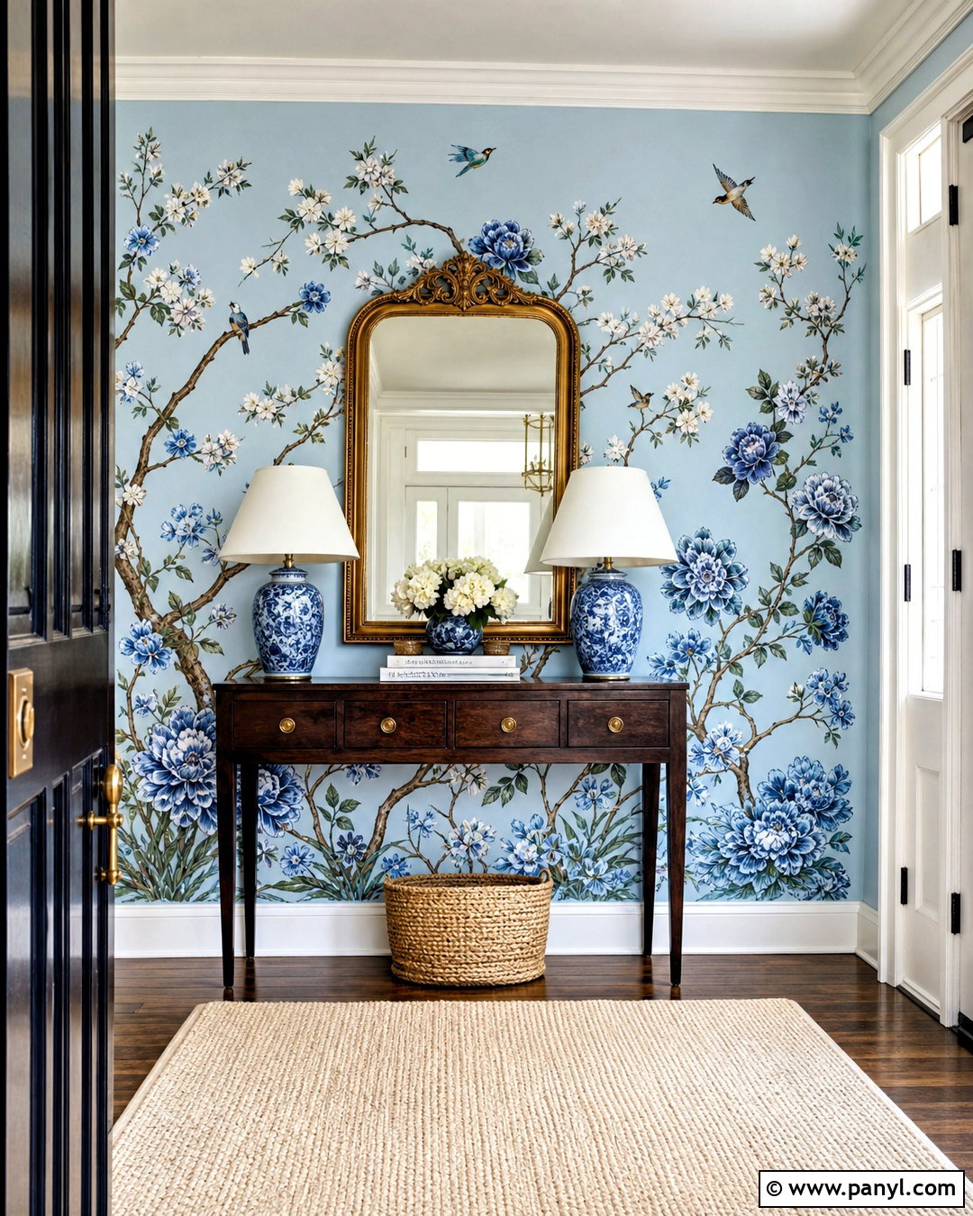 Blue Chinoiserie Floral Wall Mural Entryway - 20 floral wall mural ideas