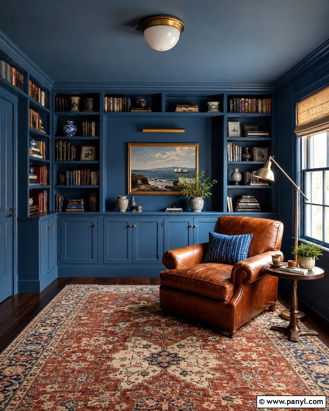 Blue Color Drenched Library Walls - 20 Blue Shades Wall Paint Ideas
