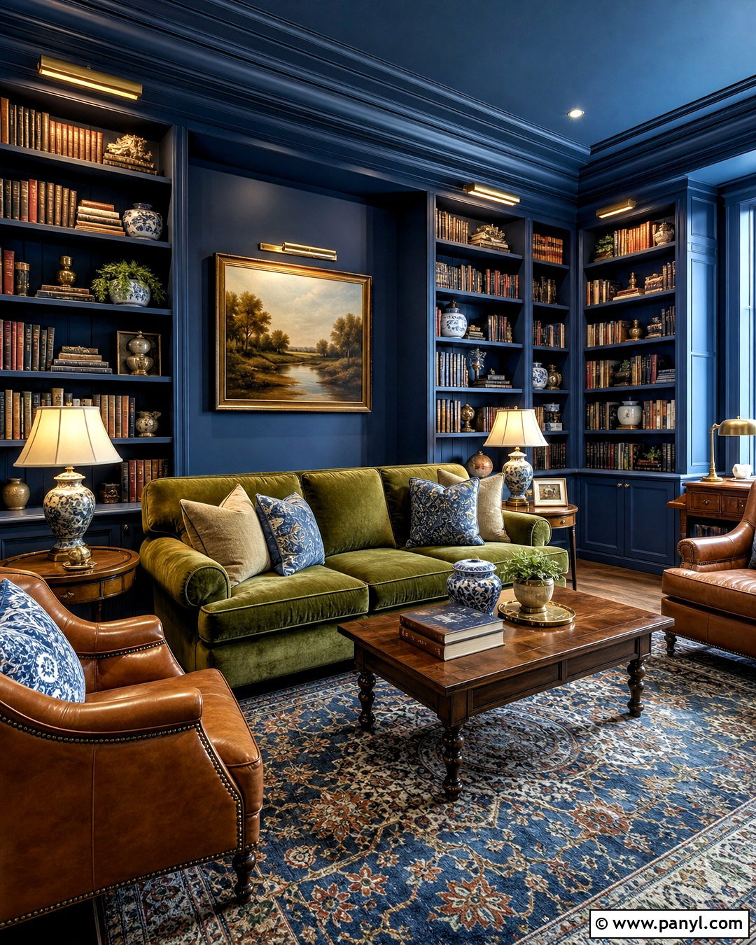 Blue Color Drenched Library - 20 blue room paint ideas
