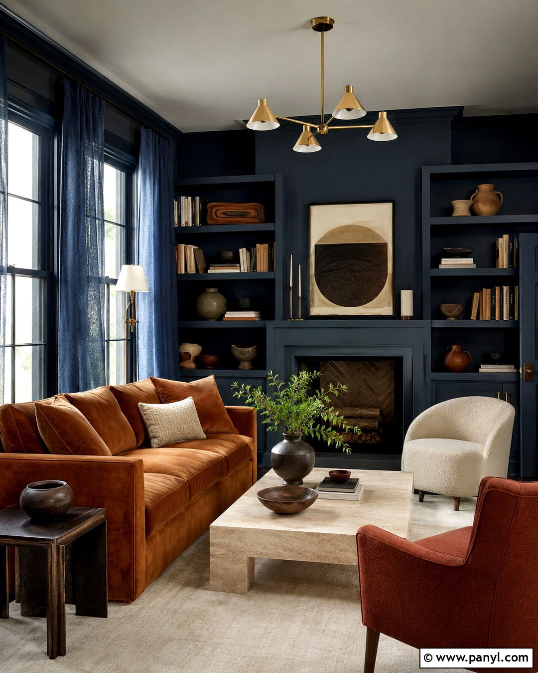 Blue Color Drenched Walls With Brown Couch - 20 Blue Wall Brown Couch Ideas