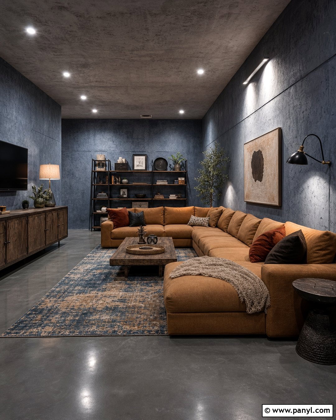 Blue Concrete Basement Lounge - 20 Blue Wall Decayed Room Ideas