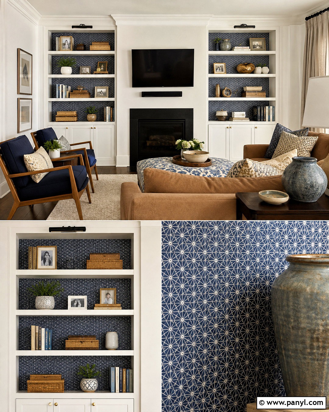 Blue Denim Wallpaper Behind Built-In Shelves - 20 blue denim wallpaper ideas