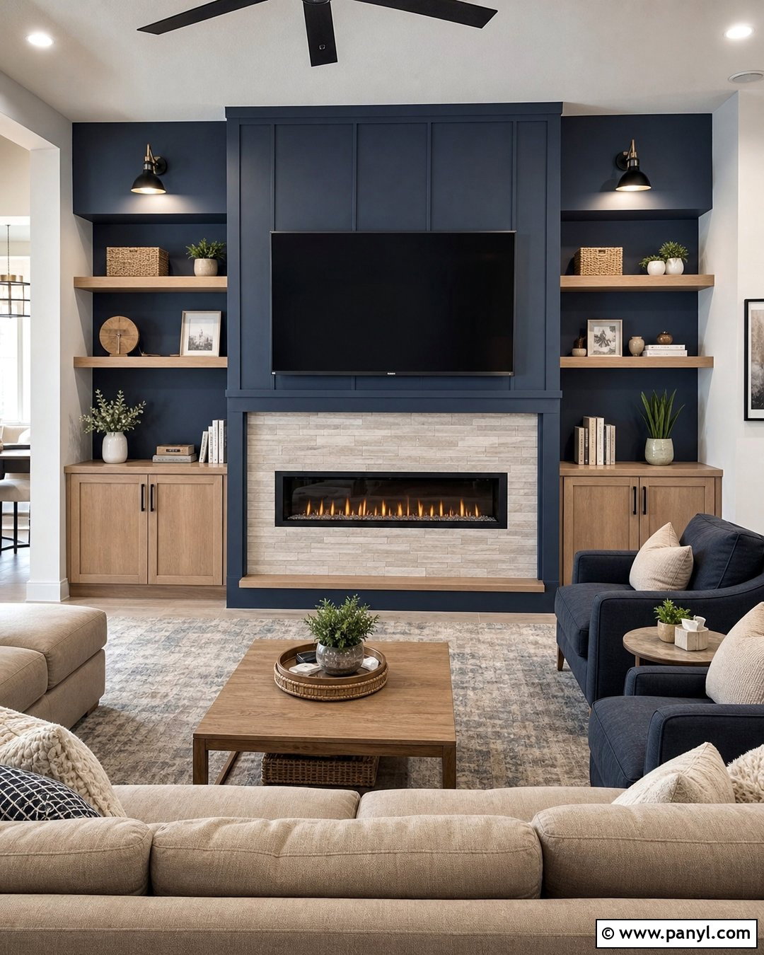 Blue Feature Wall With Fireplace And TV - 35 blue feature wall ideas