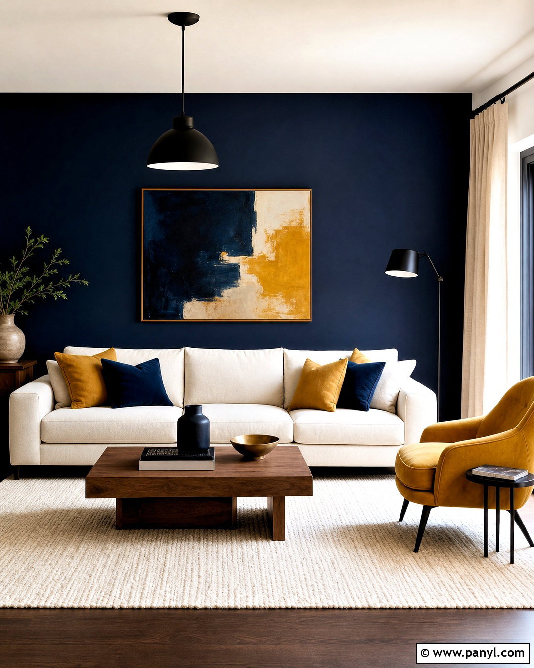 Blue Feature Wall With Mustard Accents - 20 blue feature wall living room ideas