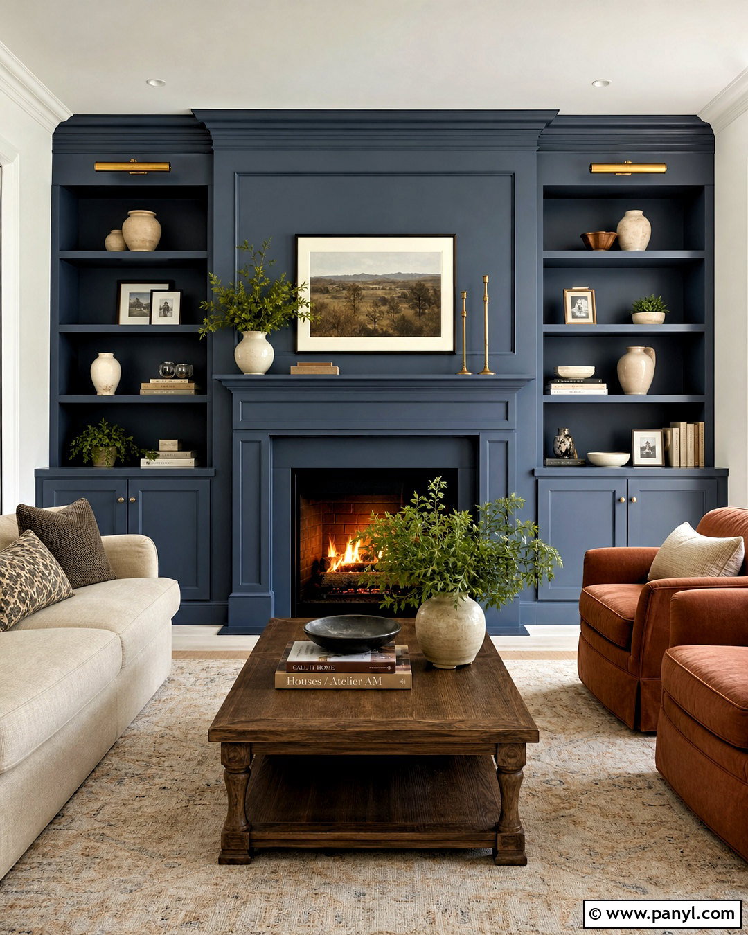 Blue Fireplace Accent Wall With Built-Ins - 20 blue accent wall living room ideas