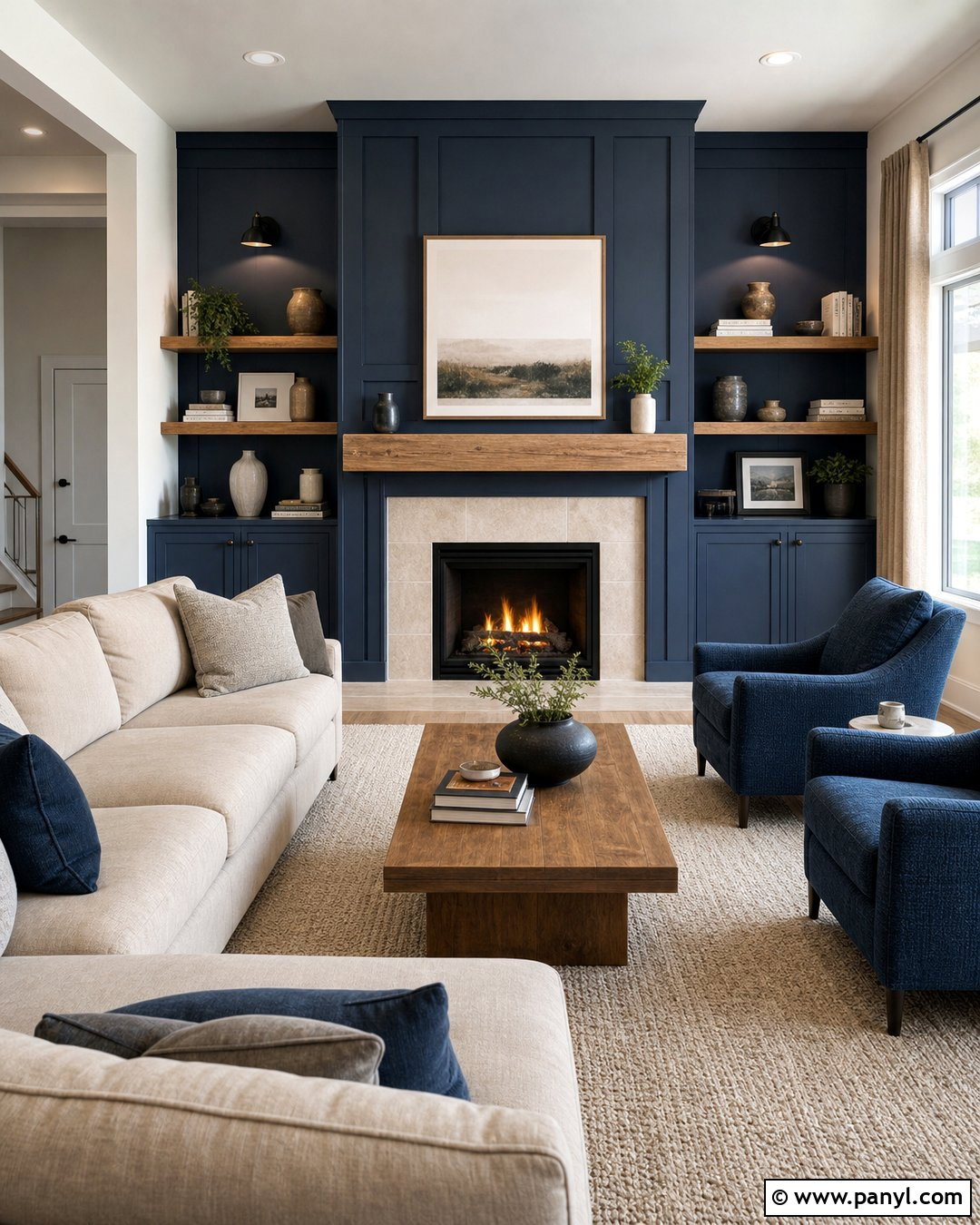 Blue Fireplace Wall With Oak Mantel - 30 blue fireplace wall ideas