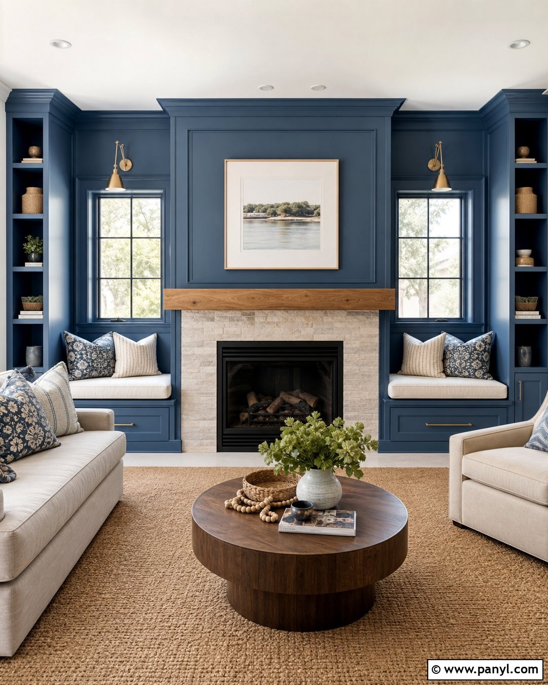 Blue Fireplace Wall With Window Seats - 30 blue fireplace wall ideas