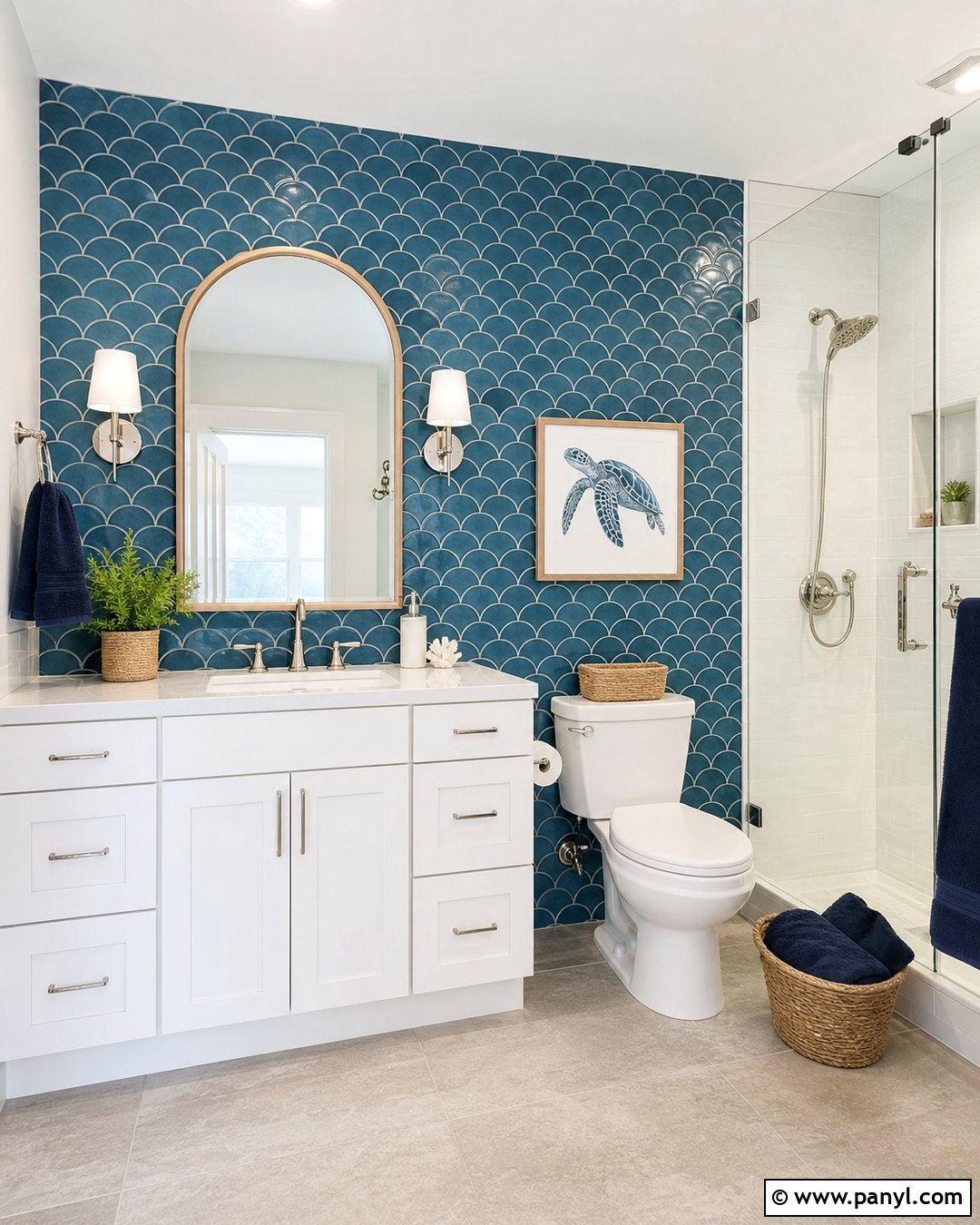 Blue Fish Scale Tile Bathroom Accent Wall - 20 Bathroom Accent Wall Ideas