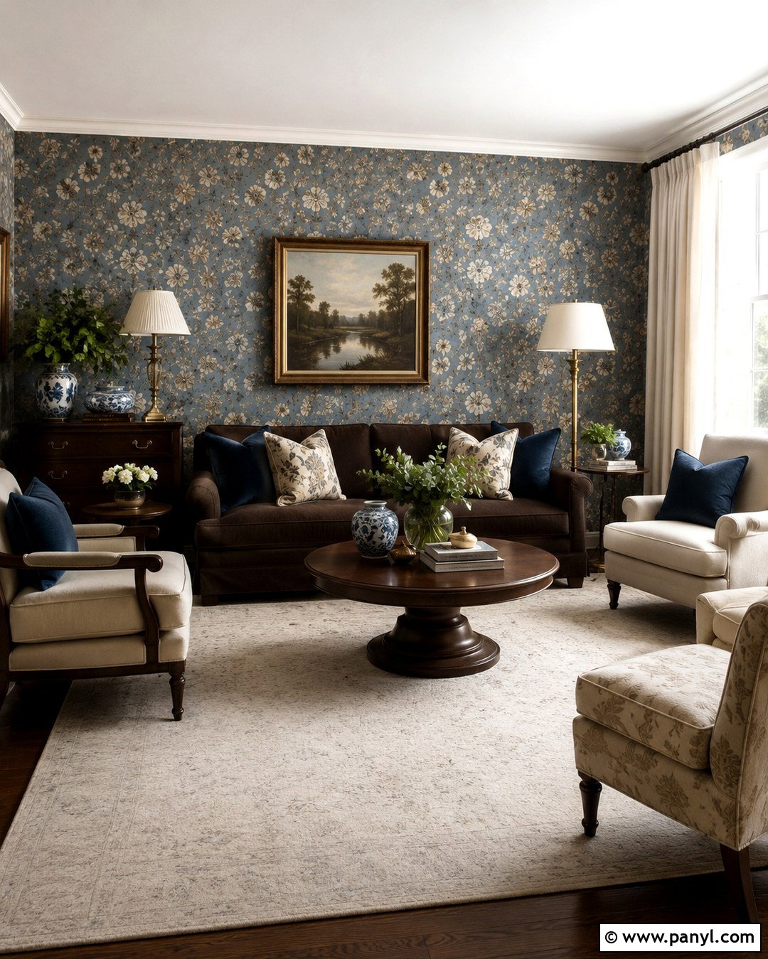 Blue Floral Wallpaper With Brown Couch - 20 Blue Wall Brown Couch Ideas
