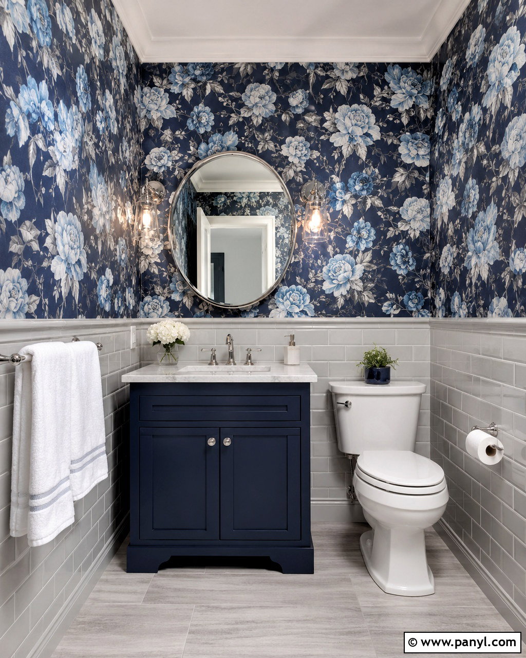 Blue Floral Wallpaper With Gray Tile - 20 blue and grey bathroom ideas