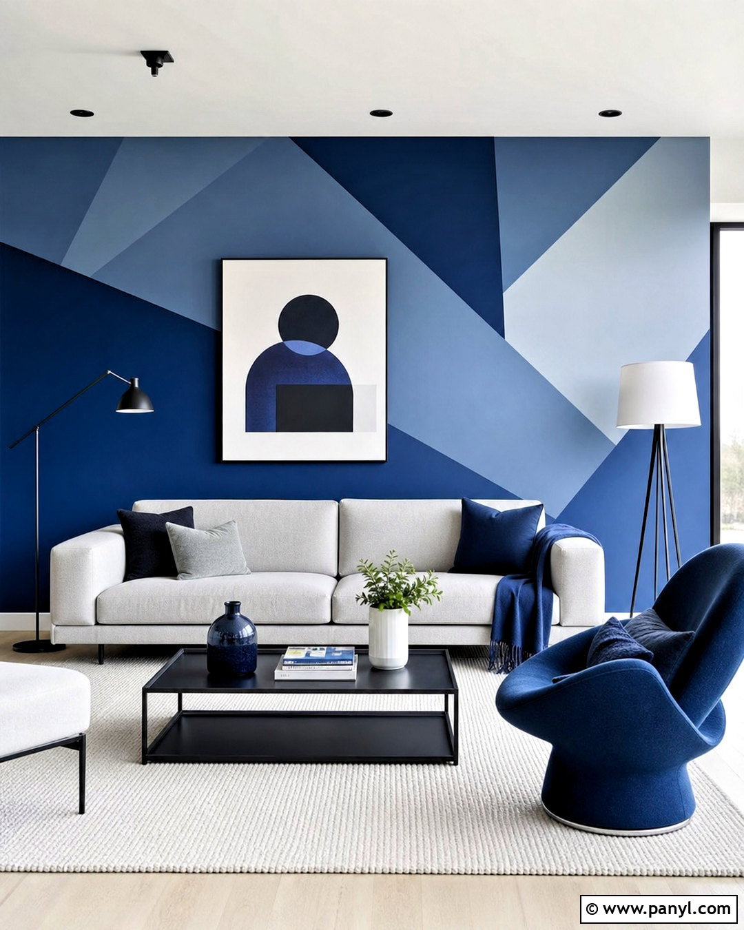 Blue Geometric Accent Wall With Modern Furniture - 20 blue accent wall living room ideas