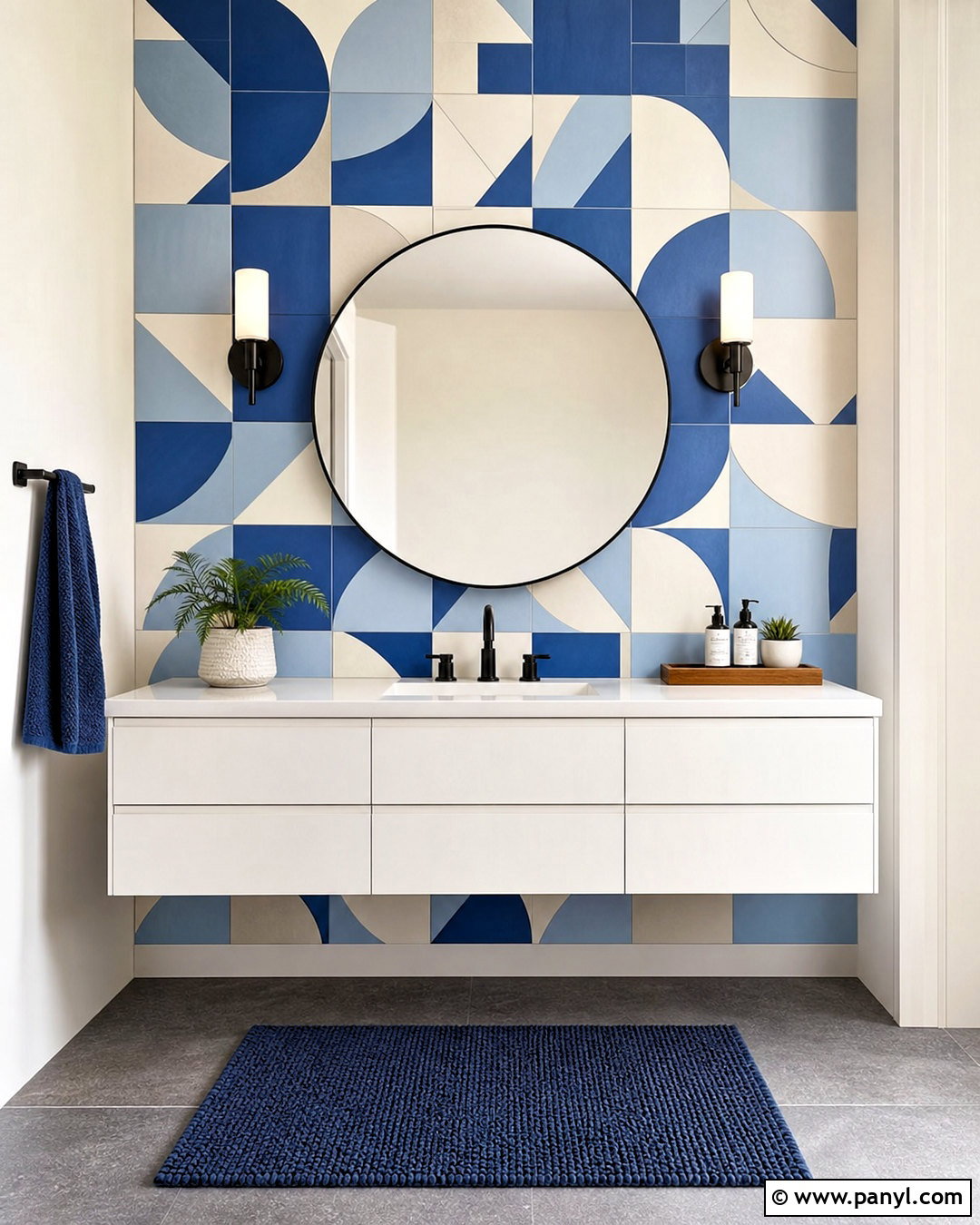 Blue Geometric Tile Bathroom Accent Wall - 20 blue accent wall bathroom ideas