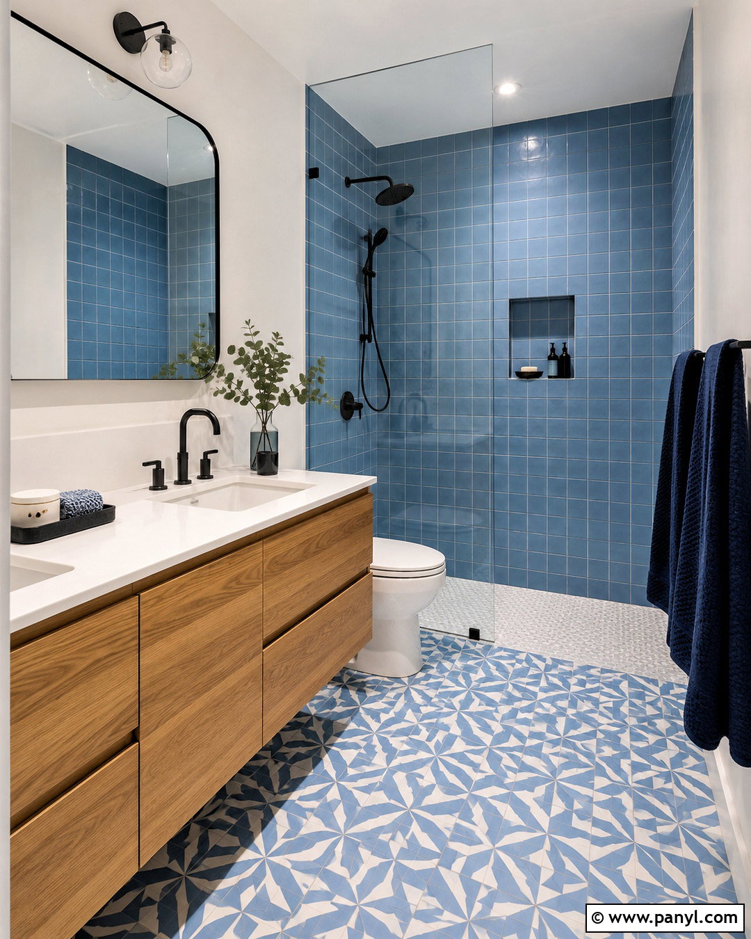 Blue Geometric Tile Bathroom - 20 modern blue bathroom ideas