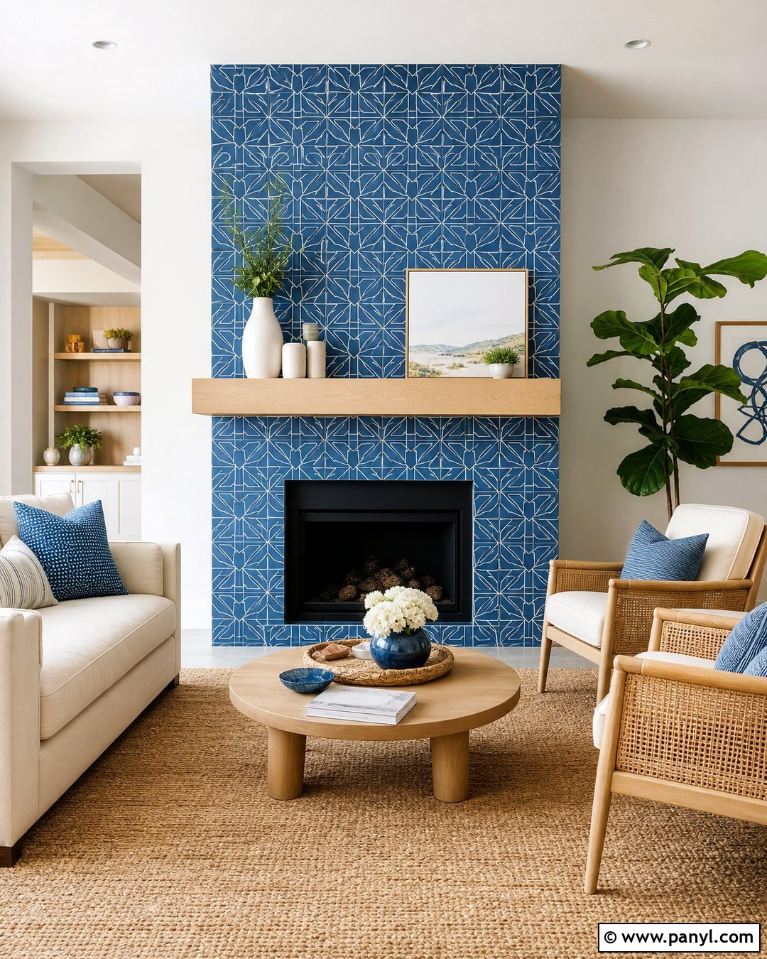 Blue Geometric Tile Fireplace Wall - 30 blue fireplace wall ideas