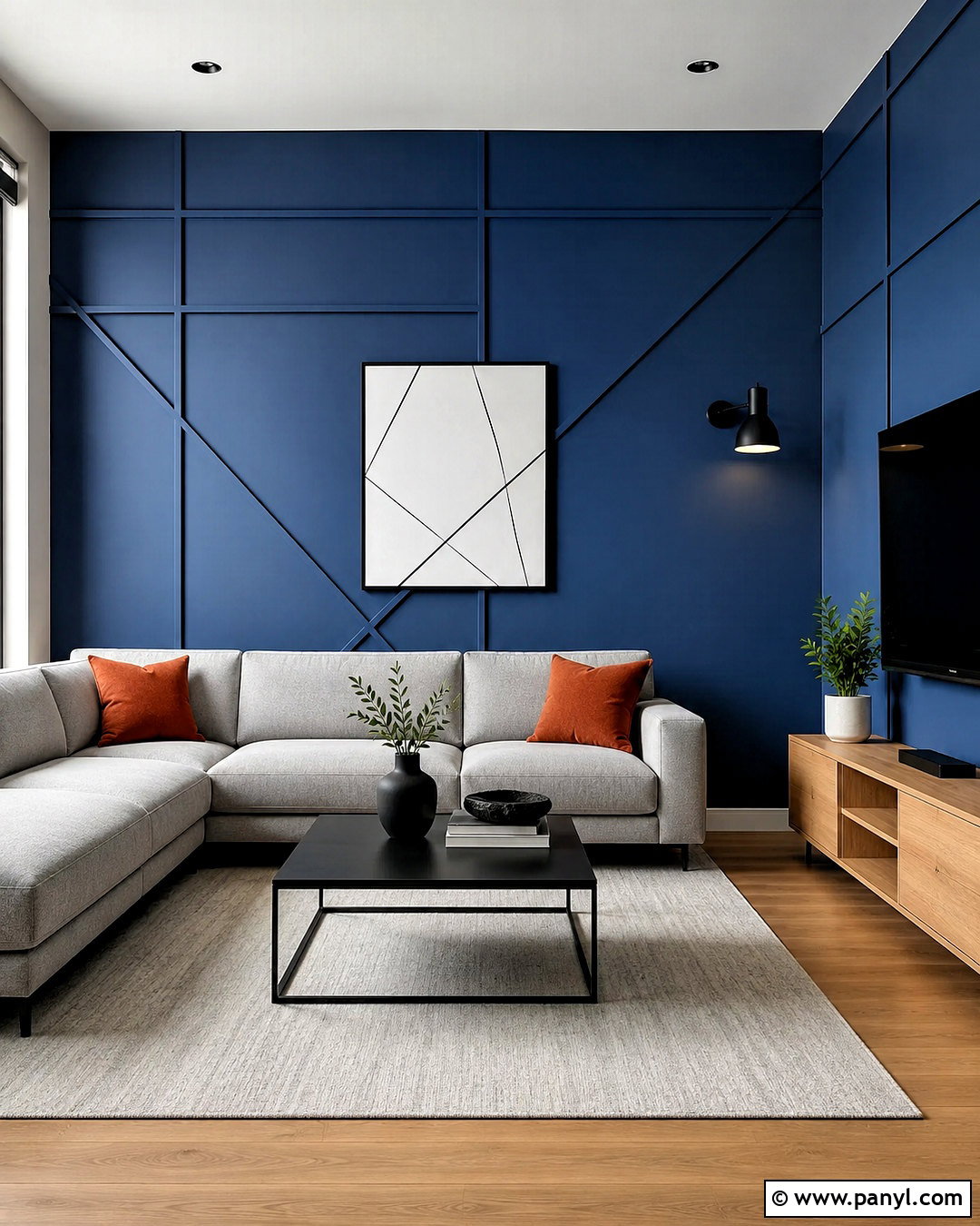 Blue Geometric Wall Panelling Living Room - 20 blue wall panelling ideas