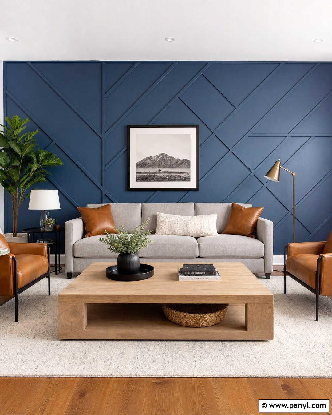 Blue Geometric Wood Wall Living Room - 25 Textured Blue Wall Ideas