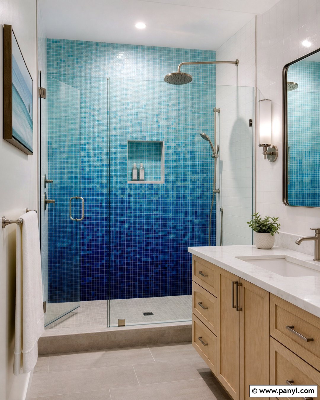 Blue Gradient Mosaic Shower - 20 Modern Bathroom With Blue Mosaic Wall Ideas