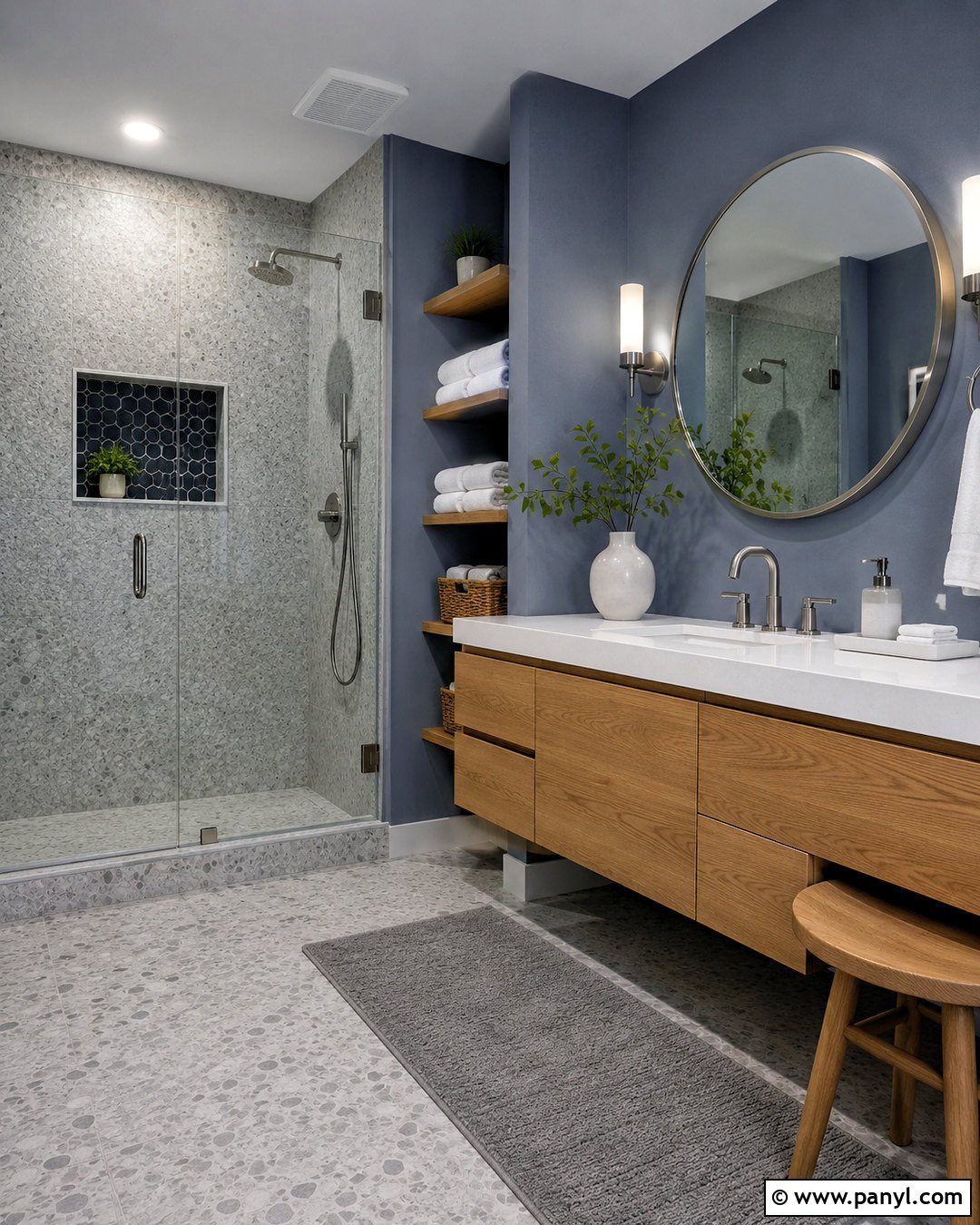 Blue Gray Bathroom With Natural Wood - 20 blue and grey bathroom ideas