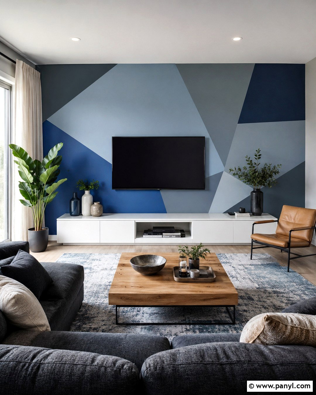 Blue Gray Geometric TV Wall - 20 Color Block Wall Behind Tv Ideas