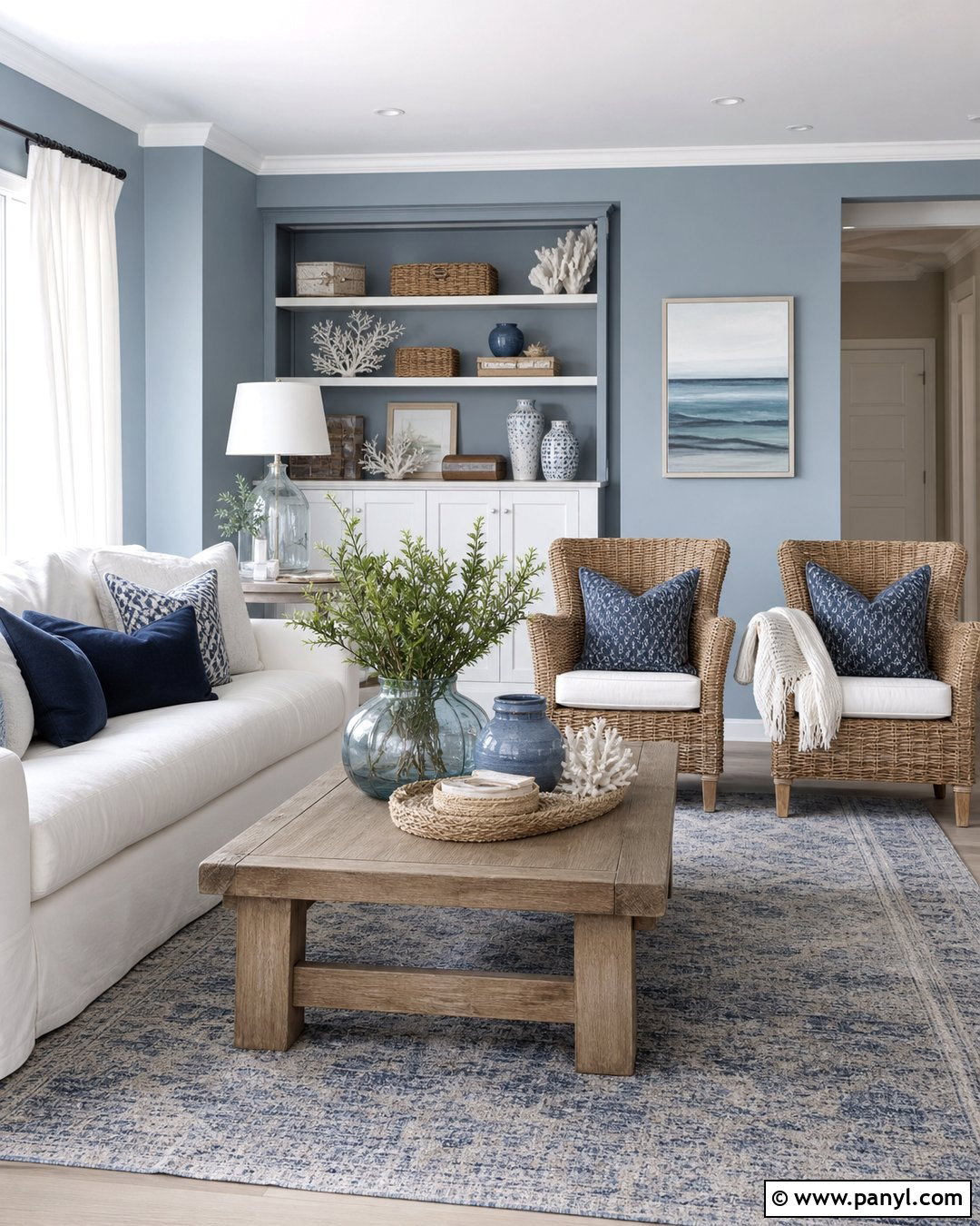 Blue Gray Living Room With Coastal Decor - 25 Room With Gray Walls