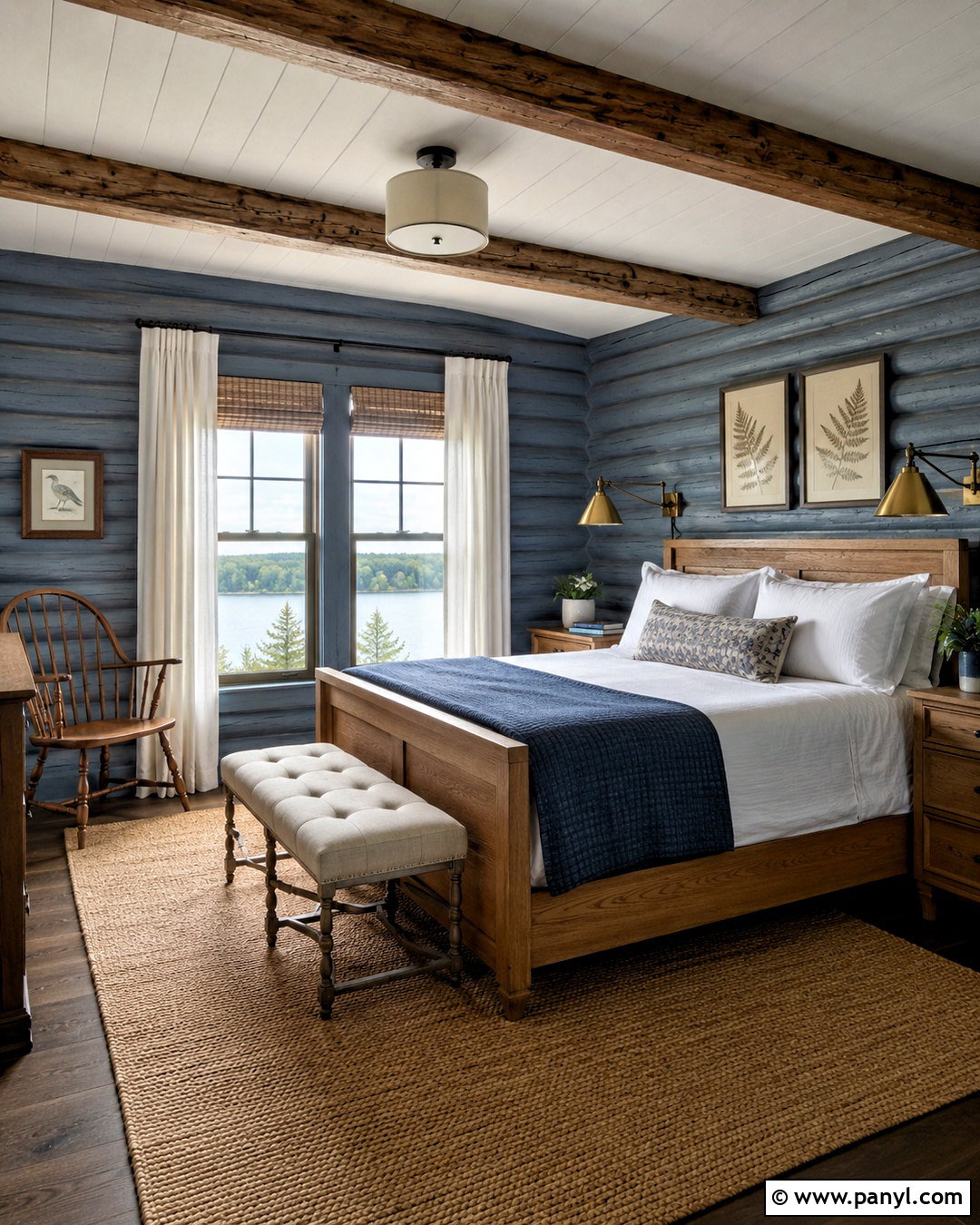 Blue Gray Painted Log Bedroom - 20 painted log home interior ideas